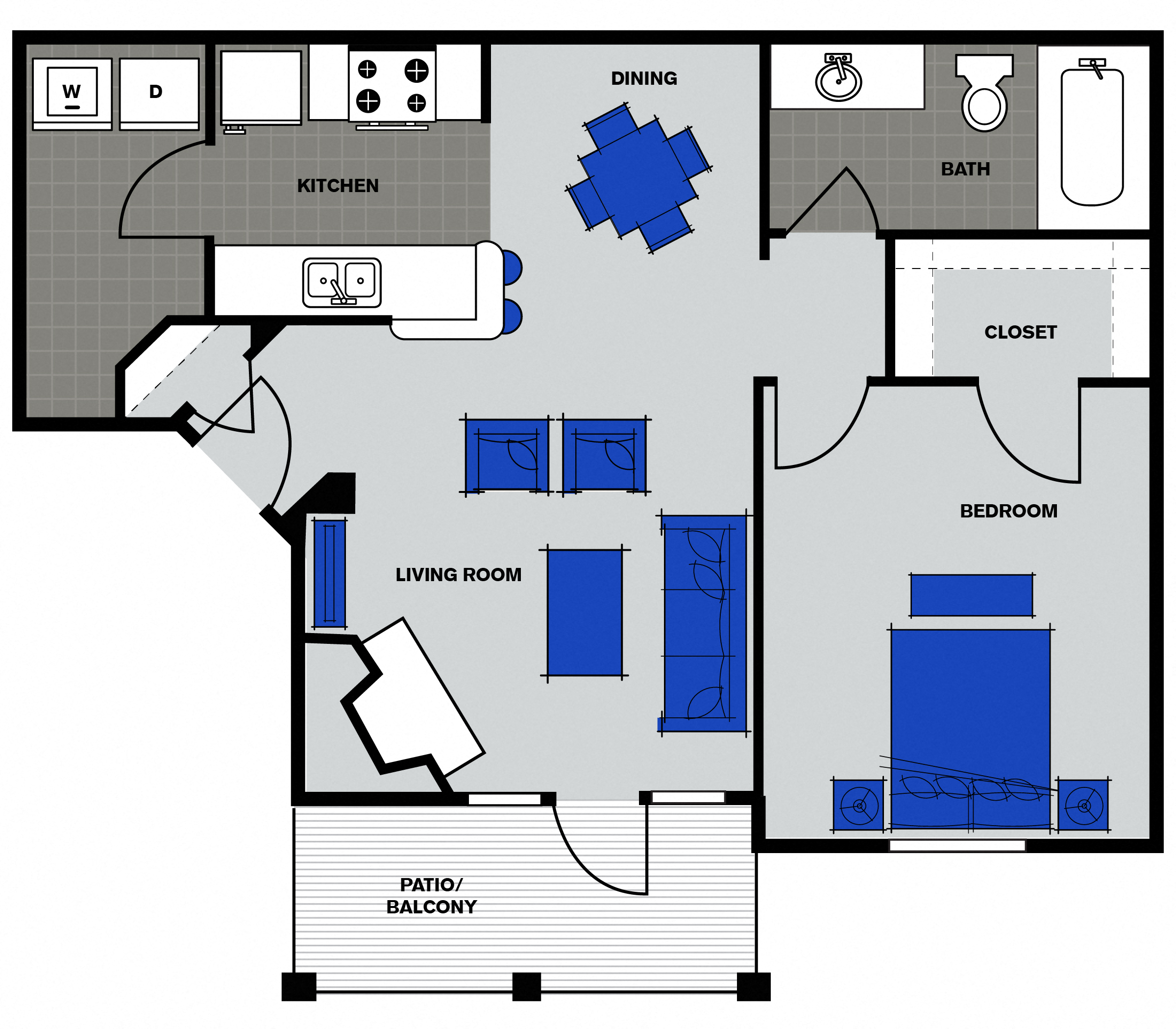 Floor plan for 1 bed, 1 bath, 717 sqft